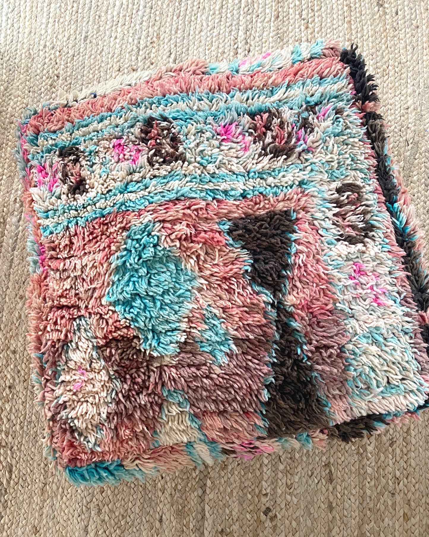 MOROCCAN KILIM FLOOR POUF IN TEAL + BROWN