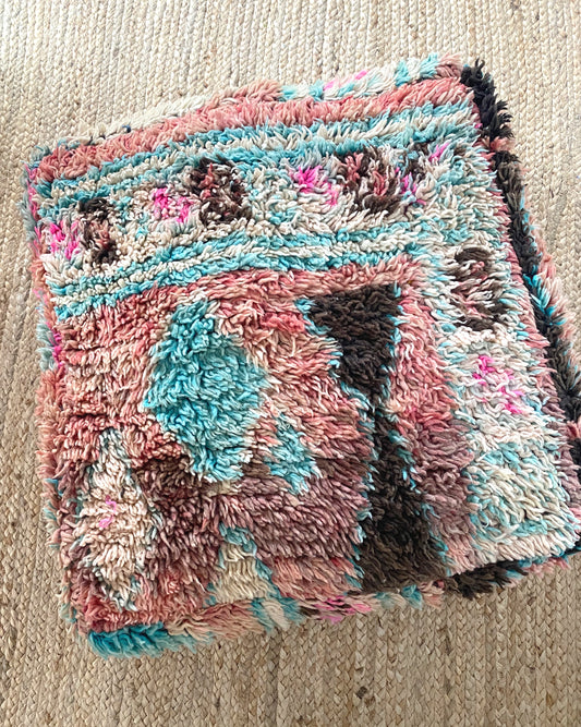 MOROCCAN KILIM FLOOR POUF IN TEAL + BROWN