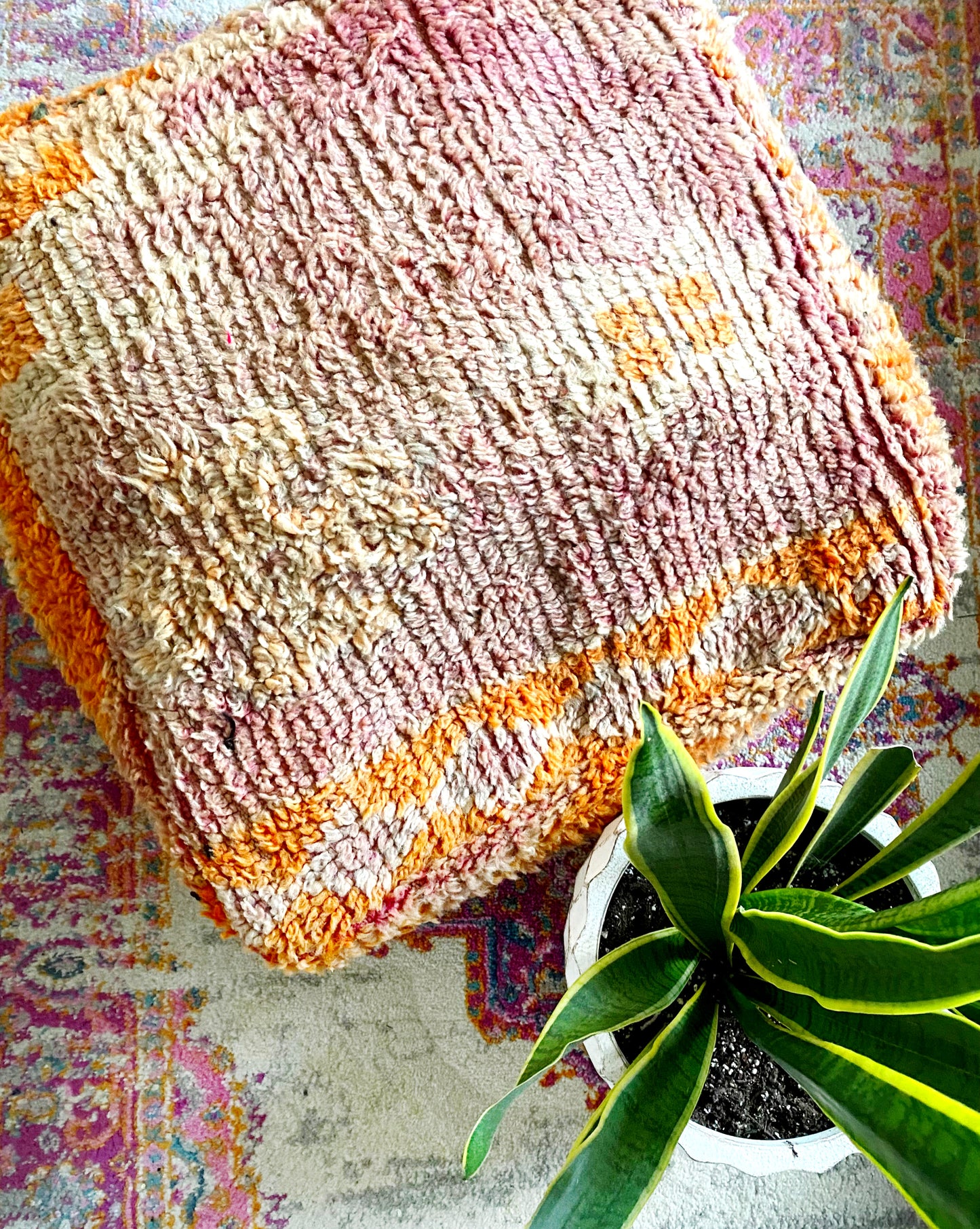 MOROCCAN KILIM FLOOR POUF IN ORANGE + PINK