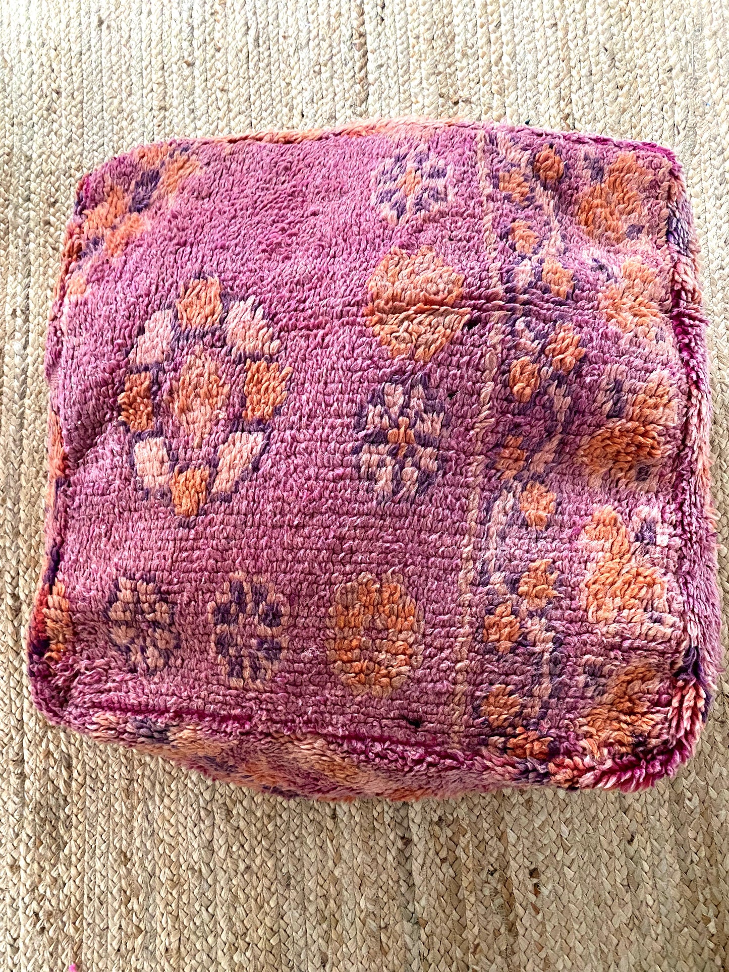 MOROCCAN KILIM FLOOR POUF IN PURPLE + ORANGE