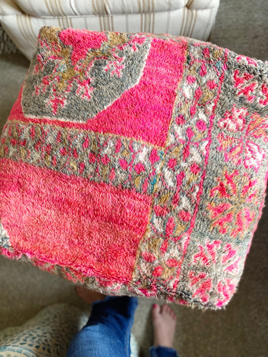 MOROCCAN KILIM FLOOR POUF IN HOT PINK